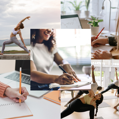 women writing and doing yoga